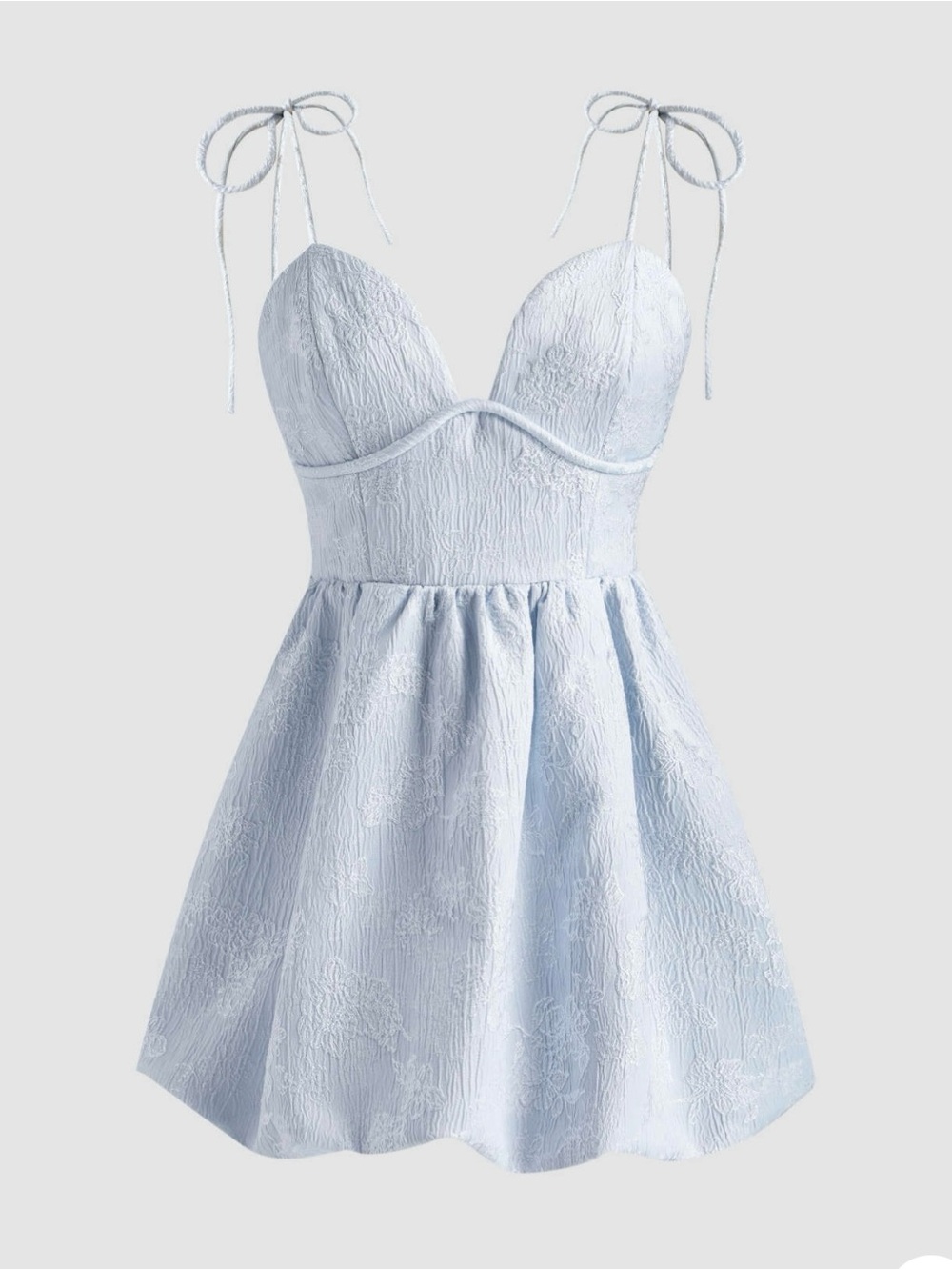 Cider Light Blue Floral Jacquard Tie-Shoulder Babydoll Dress